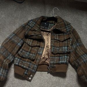 7 For All Mankind Brown and Blue Plaid Bomber Jacket